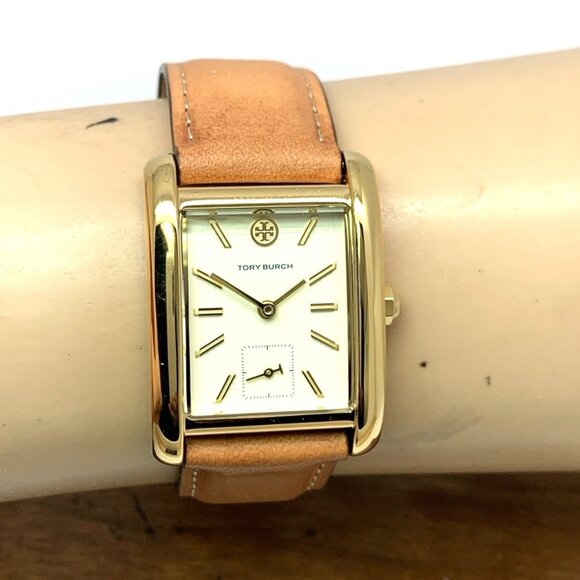 Tory Burch Women's Watch TBW1068 Tank Cream Dial Gold Quartz Brown Leather Band - Picture 11 of 14